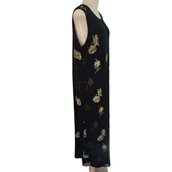 Es Se Stretch Nylon Knit Black Maxi Dress Plus 1XL Gold Foral Print Slveless 90s - Picture 8 of 11